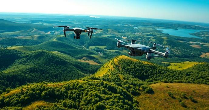 Drones LiDAR em voo sobre área verde