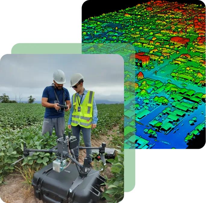 Equipe Geo3 com drone LiDAR em operação de campo
